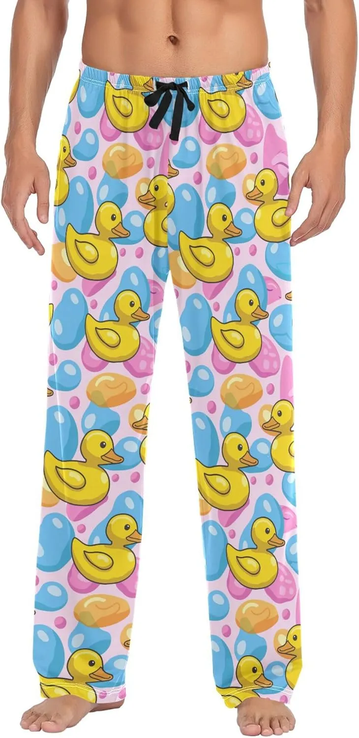 JUNZAN Cartoon Yellow Duck Blue Pink Christmas Pajamas Pants for Men with Pockets Warm Long Pajama for Fall Xmas S