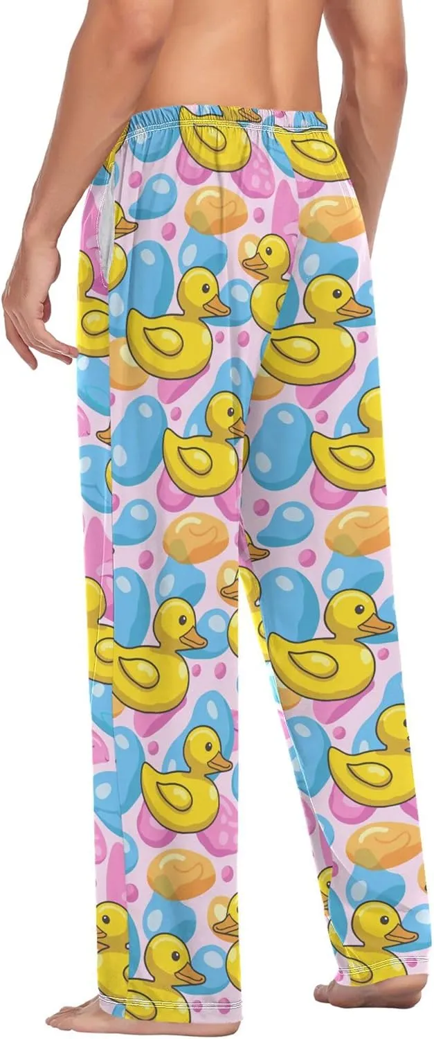 JUNZAN Cartoon Yellow Duck Blue Pink Christmas Pajamas Pants for Men with Pockets Warm Long Pajama for Fall Xmas S
