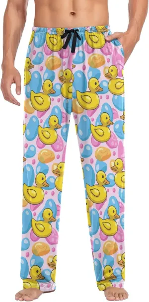 JUNZAN Cartoon Yellow Duck Blue Pink Christmas Pajamas Pants for Men with Pockets Warm Long Pajama for Fall Xmas S
