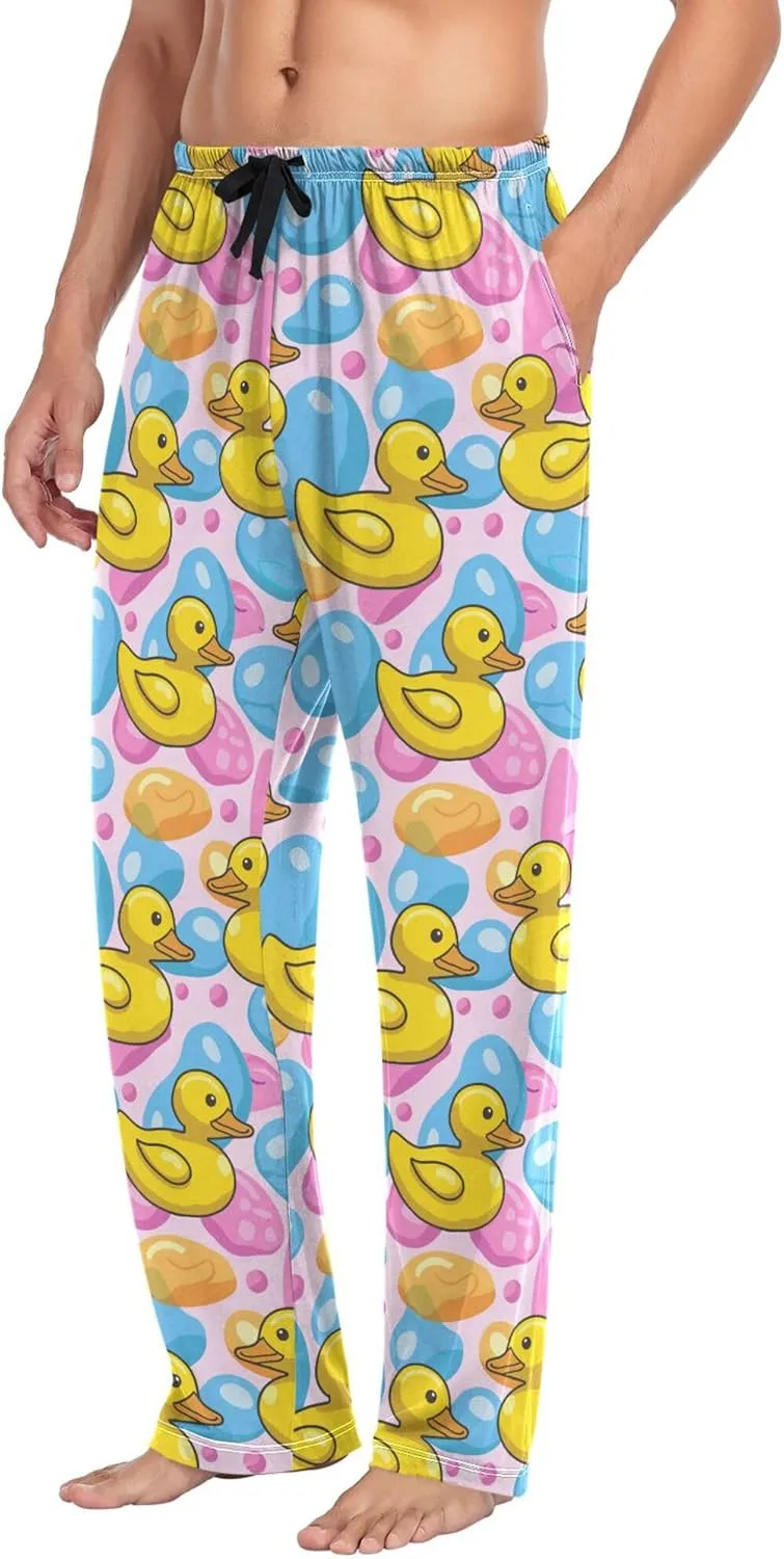 JUNZAN Cartoon Yellow Duck Blue Pink Christmas Pajamas Pants for Men with Pockets Warm Long Pajama for Fall Xmas S