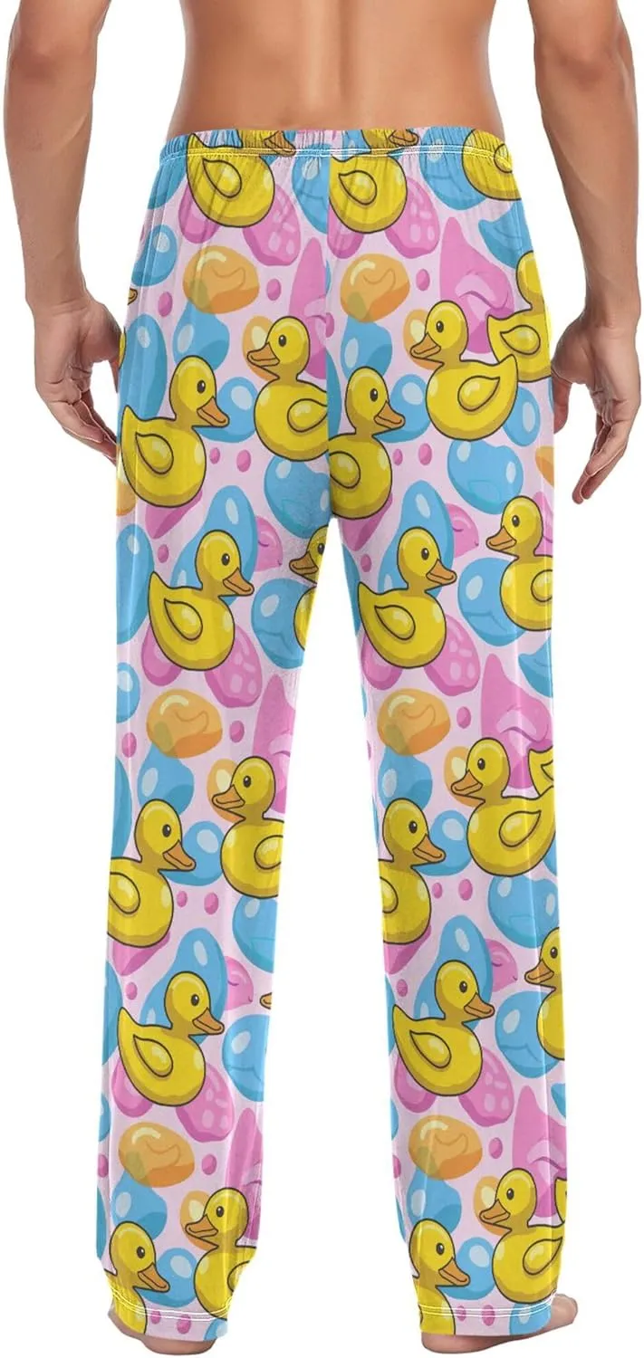 JUNZAN Cartoon Yellow Duck Blue Pink Christmas Pajamas Pants for Men with Pockets Warm Long Pajama for Fall Xmas S