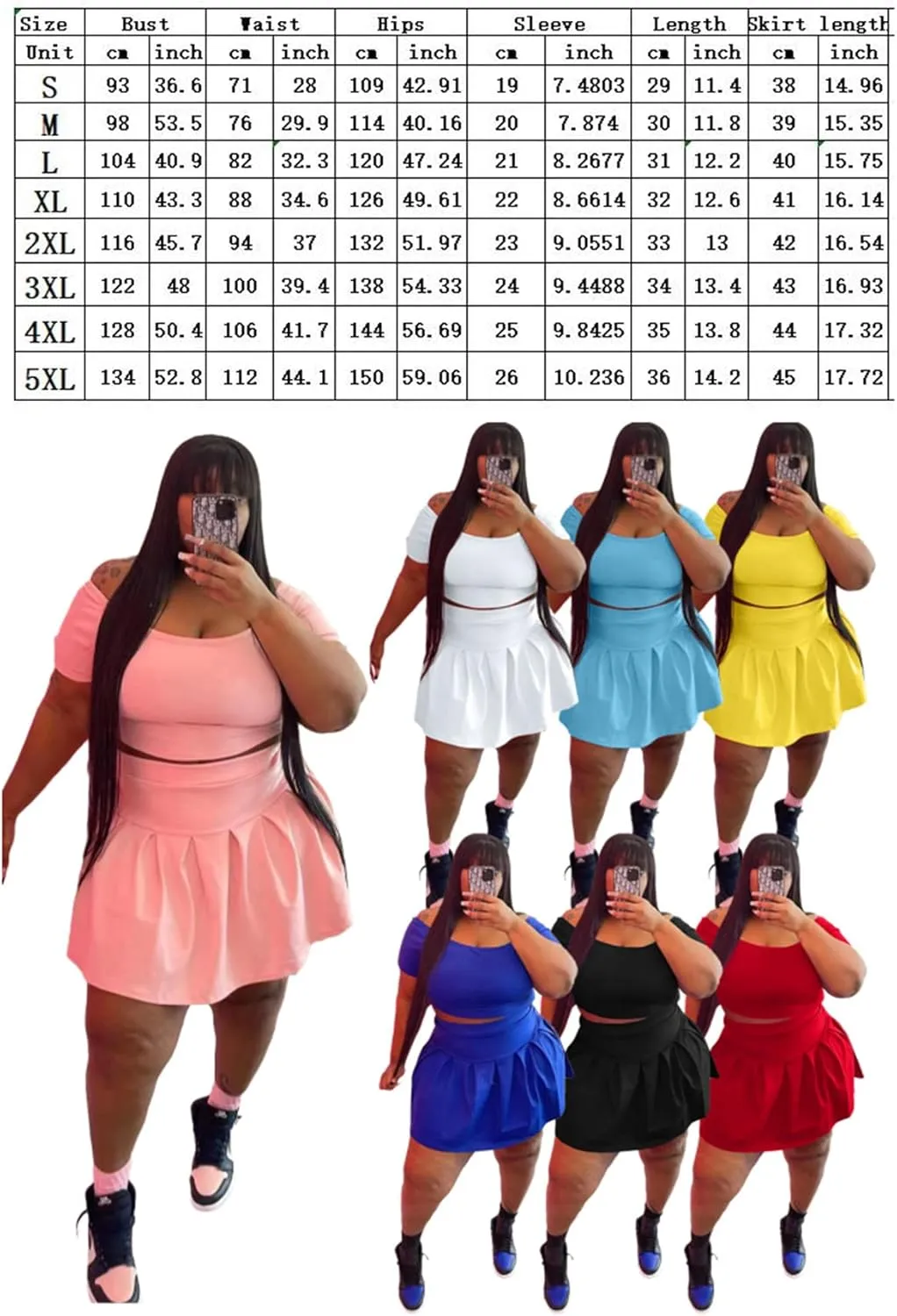 KELOVEPAN Pleated Short Skirt Sets Women 2 Piece Sweatsuits Sexy Plus Size Summer Two Piece Outfit Dress TrackSuit Set