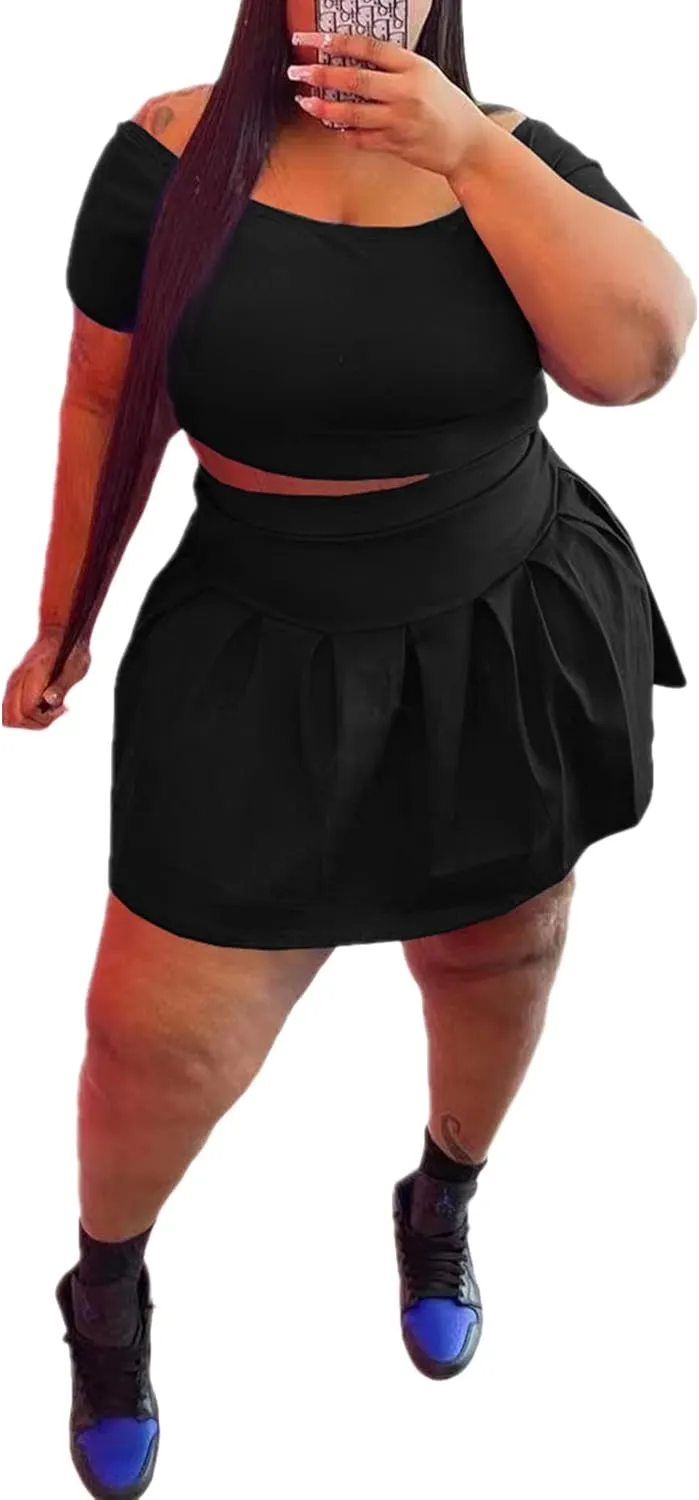 KELOVEPAN Pleated Short Skirt Sets Women 2 Piece Sweatsuits Sexy Plus Size Summer Two Piece Outfit Dress TrackSuit Set