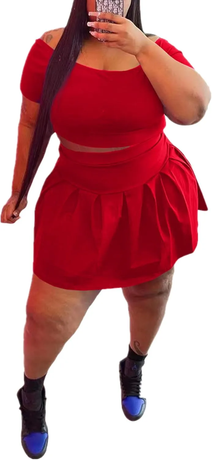 KELOVEPAN Pleated Short Skirt Sets Women 2 Piece Sweatsuits Sexy Plus Size Summer Two Piece Outfit Dress TrackSuit Set