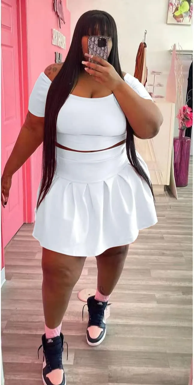 KELOVEPAN Pleated Short Skirt Sets Women 2 Piece Sweatsuits Sexy Plus Size Summer Two Piece Outfit Dress TrackSuit Set