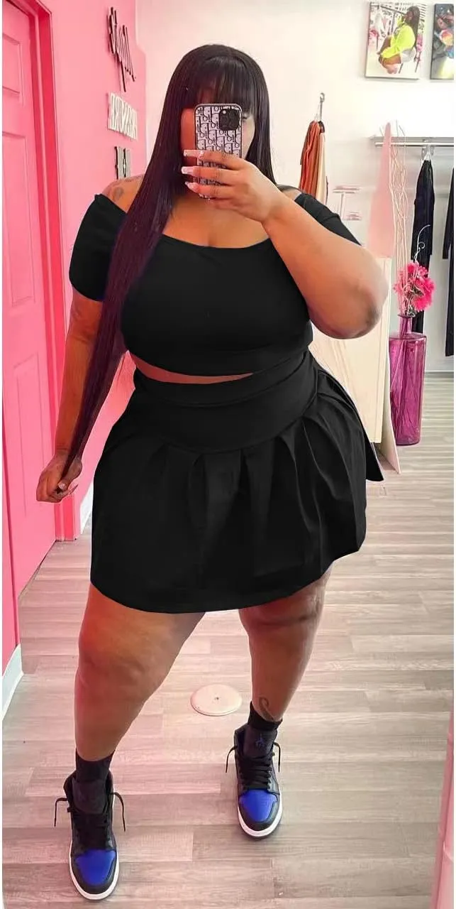 KELOVEPAN Pleated Short Skirt Sets Women 2 Piece Sweatsuits Sexy Plus Size Summer Two Piece Outfit Dress TrackSuit Set