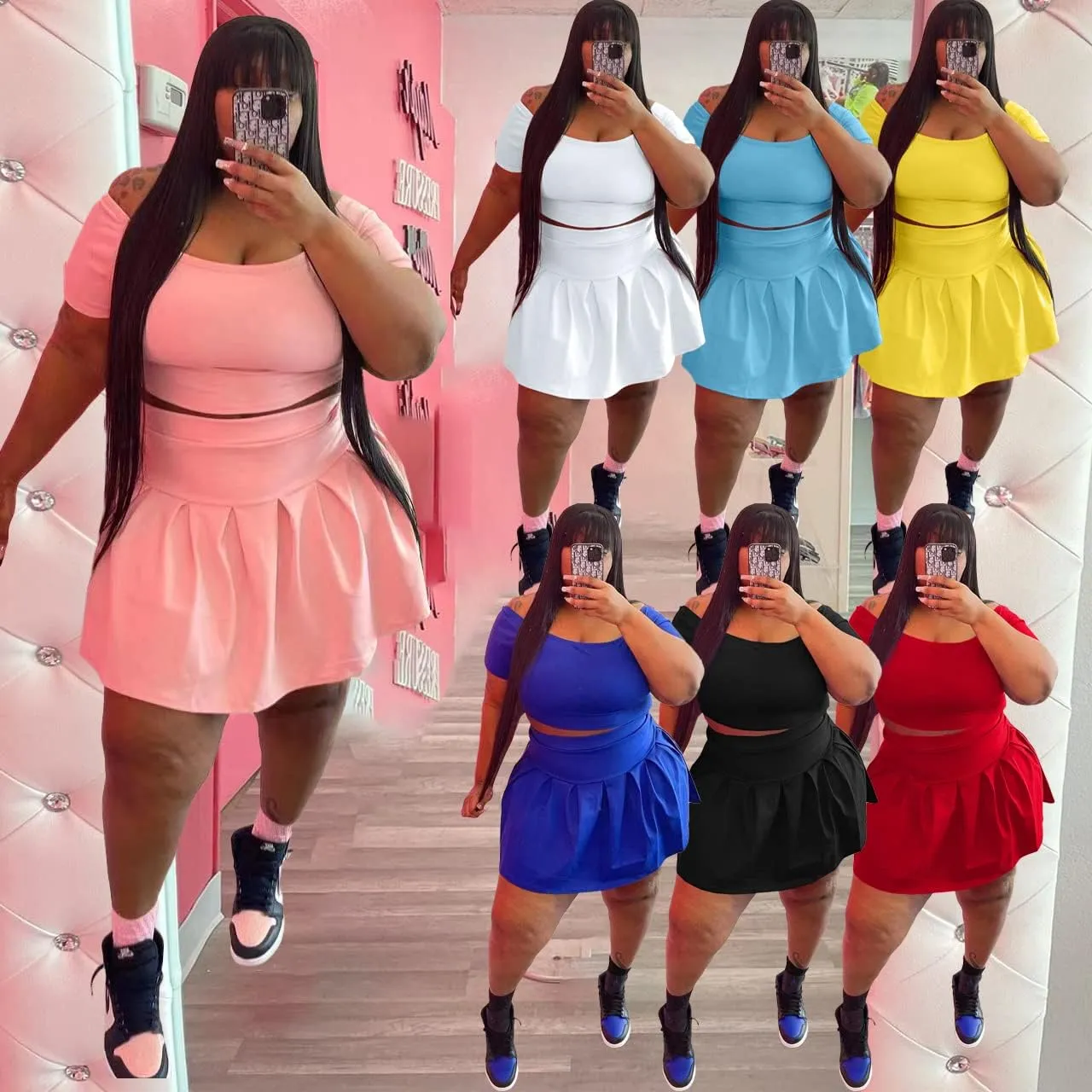 KELOVEPAN Pleated Short Skirt Sets Women 2 Piece Sweatsuits Sexy Plus Size Summer Two Piece Outfit Dress TrackSuit Set