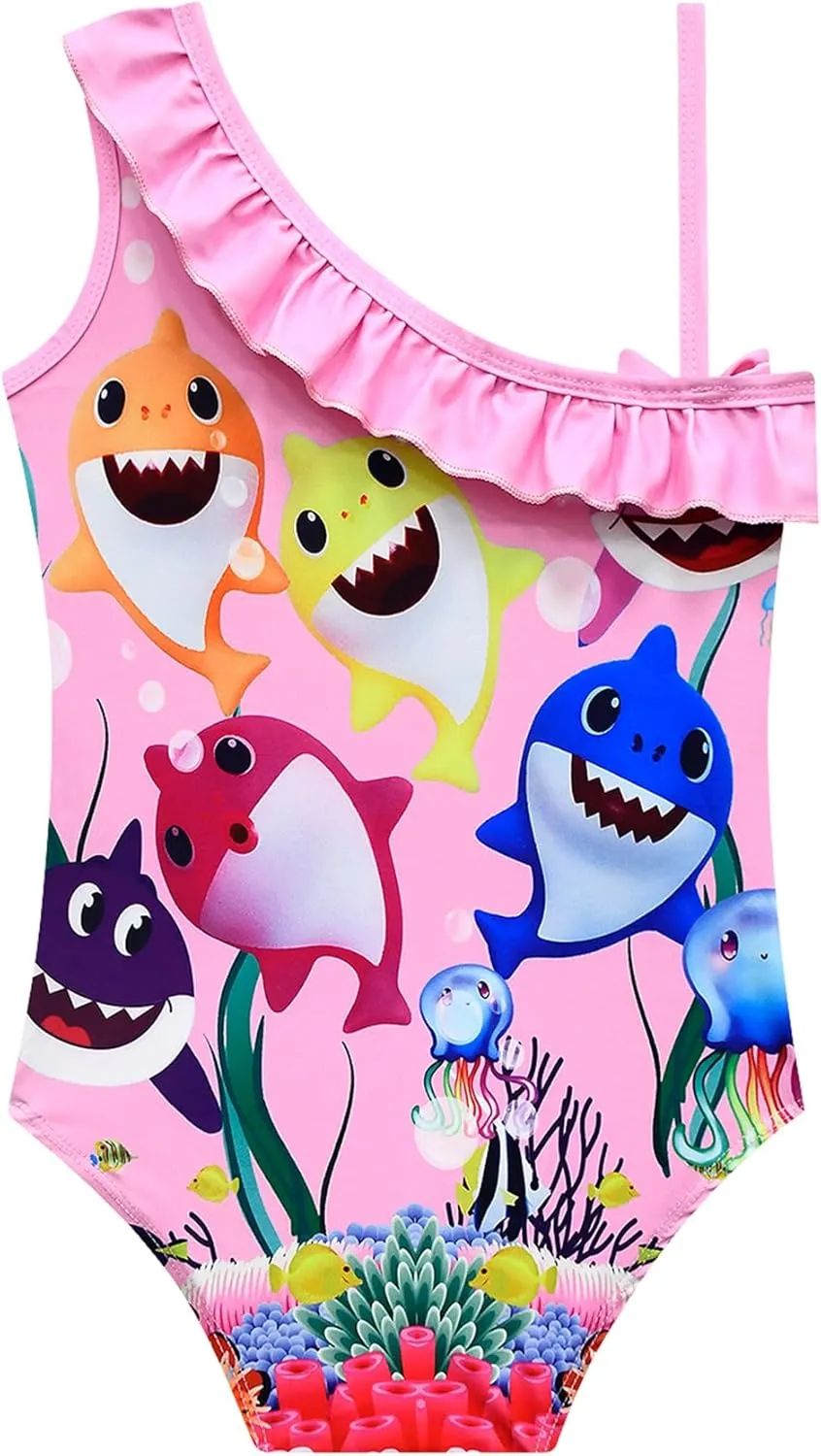Kids Girls Swimwear,1/2 Piece Swimwear Set 2-9Years Off Shoulder Bikini Set 3D Printing Cute Sharks Bathing Suits for Girls