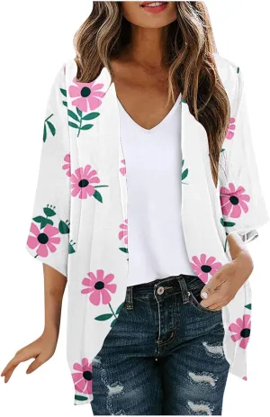 Kimonos for Women Dressy Casual Cardigans Chiffon Lightweight Cute Boho Floral Print Kimonos Beach Cover Ups Tops