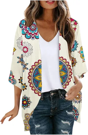 Kimonos for Women Dressy Casual Cardigans Chiffon Lightweight Cute Boho Floral Print Kimonos Beach Cover Ups Tops