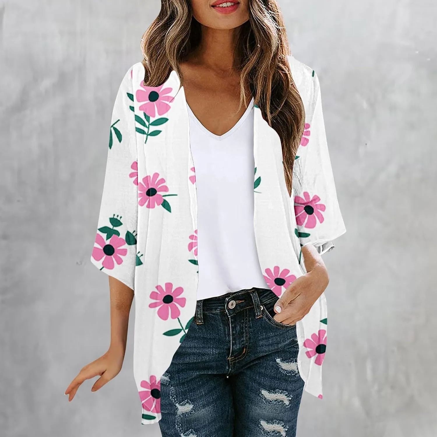 Kimonos for Women Dressy Casual Cardigans Chiffon Lightweight Cute Boho Floral Print Kimonos Beach Cover Ups Tops