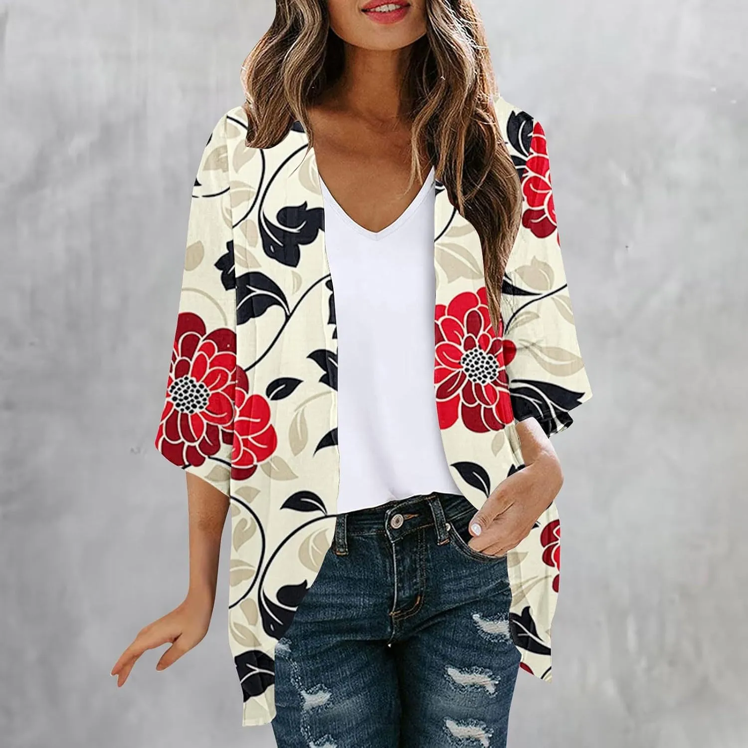 Kimonos for Women Dressy Casual Cardigans Chiffon Lightweight Cute Boho Floral Print Kimonos Beach Cover Ups Tops