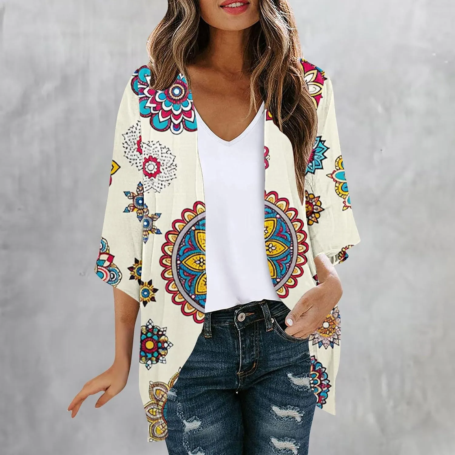 Kimonos for Women Dressy Casual Cardigans Chiffon Lightweight Cute Boho Floral Print Kimonos Beach Cover Ups Tops