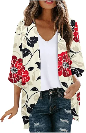 Kimonos for Women Dressy Casual Cardigans Chiffon Lightweight Cute Boho Floral Print Kimonos Beach Cover Ups Tops