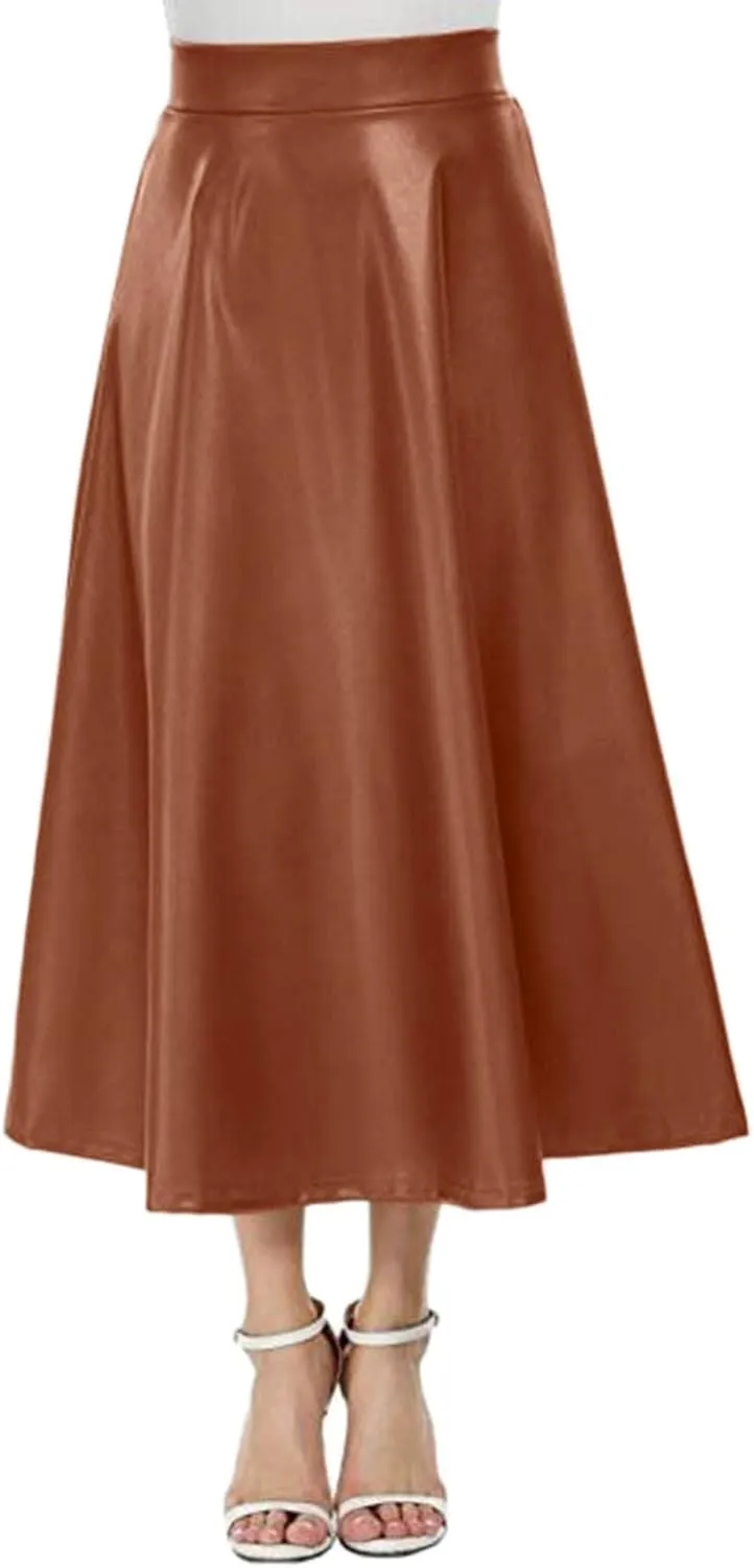 Leather Skirts for Women Trendy Fashion High Elastic Waist PU A-Line Workout Business Long Skirts Back Zipper