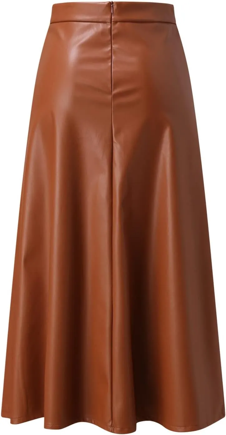 Leather Skirts for Women Trendy Fashion High Elastic Waist PU A-Line Workout Business Long Skirts Back Zipper