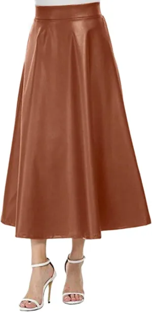 Leather Skirts for Women Trendy Fashion High Elastic Waist PU A-Line Workout Business Long Skirts Back Zipper