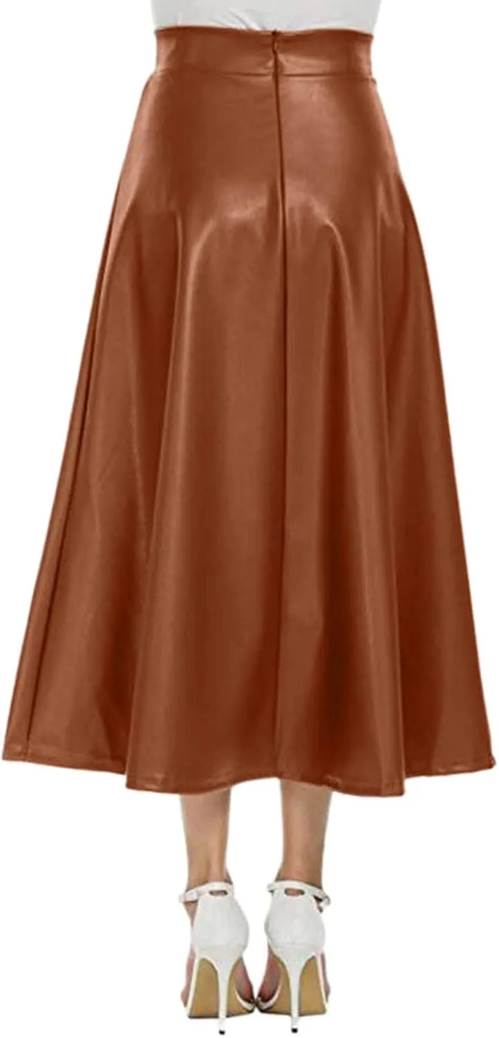 Leather Skirts for Women Trendy Fashion High Elastic Waist PU A-Line Workout Business Long Skirts Back Zipper