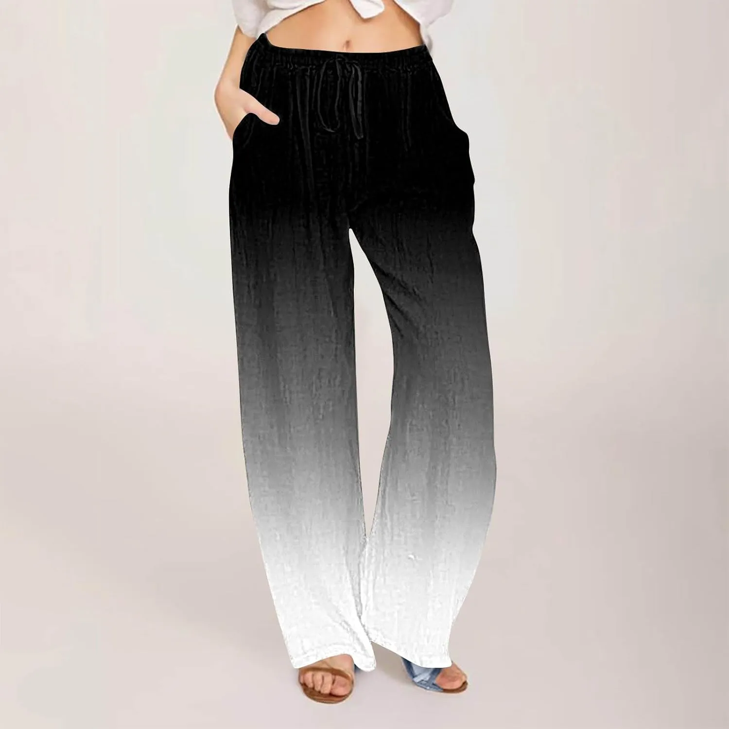 LEMONONSTORE Women Linen Pants Casual Wide Leg Pants Summer Palazzo Pants Loose Flowy Beach Pants Drawstring Elastic Trousers