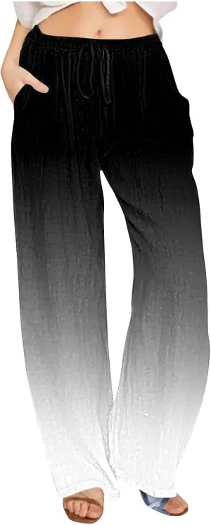 LEMONONSTORE Women Linen Pants Casual Wide Leg Pants Summer Palazzo Pants Loose Flowy Beach Pants Drawstring Elastic Trousers