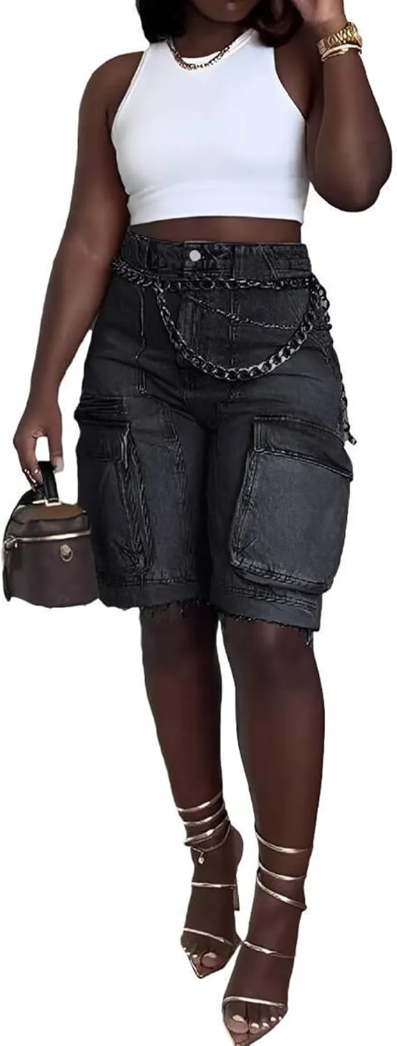 LETSVDO Women's Cargo Jean Shorts High Waisted Straight Leg Bermuda Casual Baggy Long Denim Shorts with Pockets