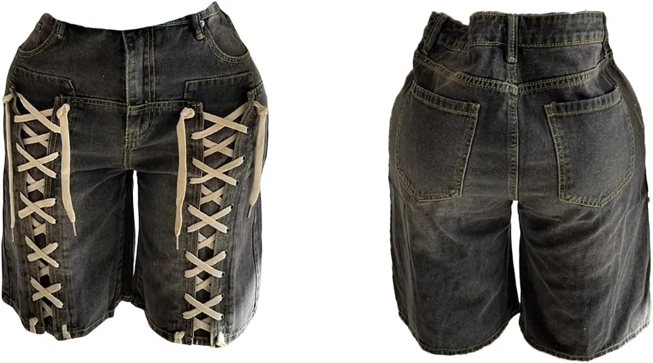 LETSVDO Women's Cargo Jean Shorts High Waisted Straight Leg Bermuda Casual Baggy Long Denim Shorts with Pockets