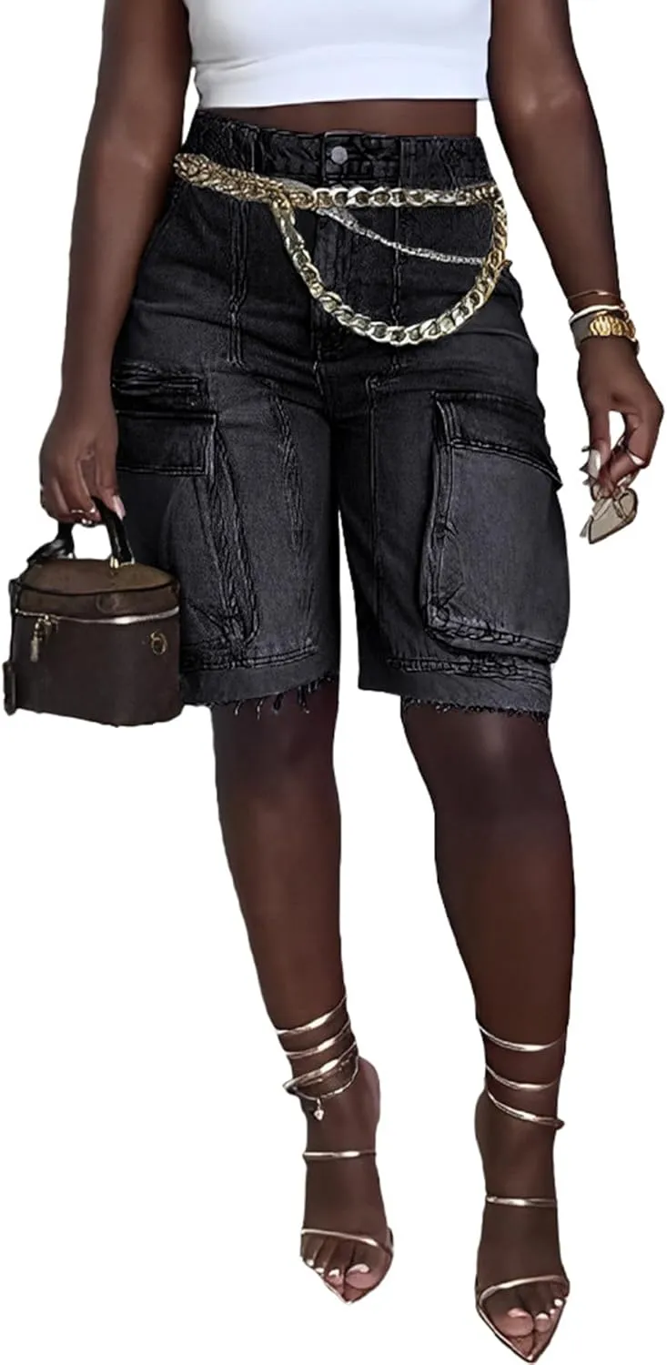 LETSVDO Women's Cargo Jean Shorts High Waisted Straight Leg Bermuda Casual Baggy Long Denim Shorts with Pockets