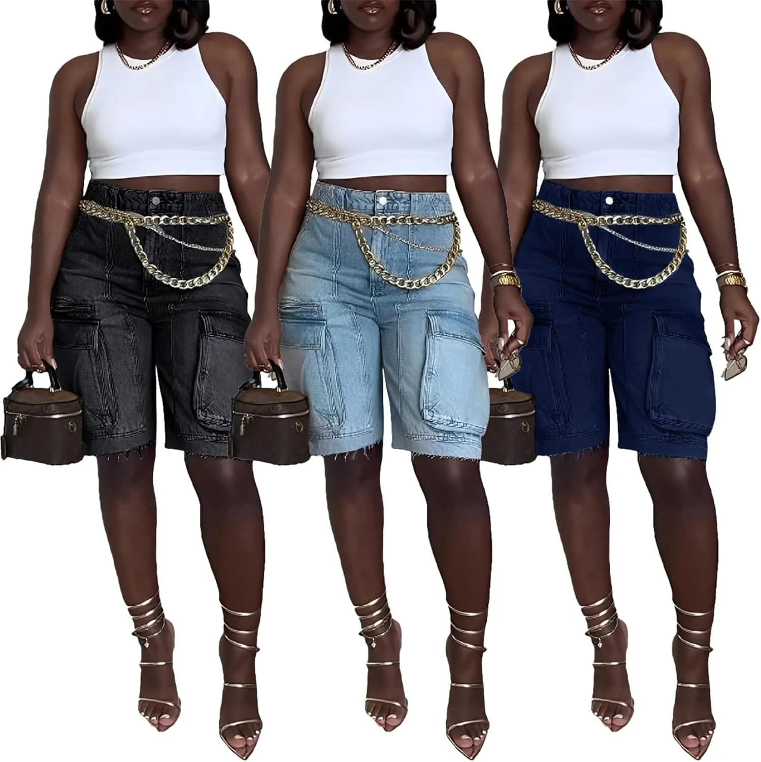 LETSVDO Women's Cargo Jean Shorts High Waisted Straight Leg Bermuda Casual Baggy Long Denim Shorts with Pockets