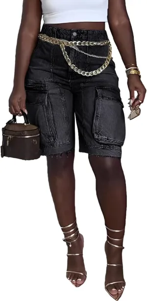 LETSVDO Women's Cargo Jean Shorts High Waisted Straight Leg Bermuda Casual Baggy Long Denim Shorts with Pockets