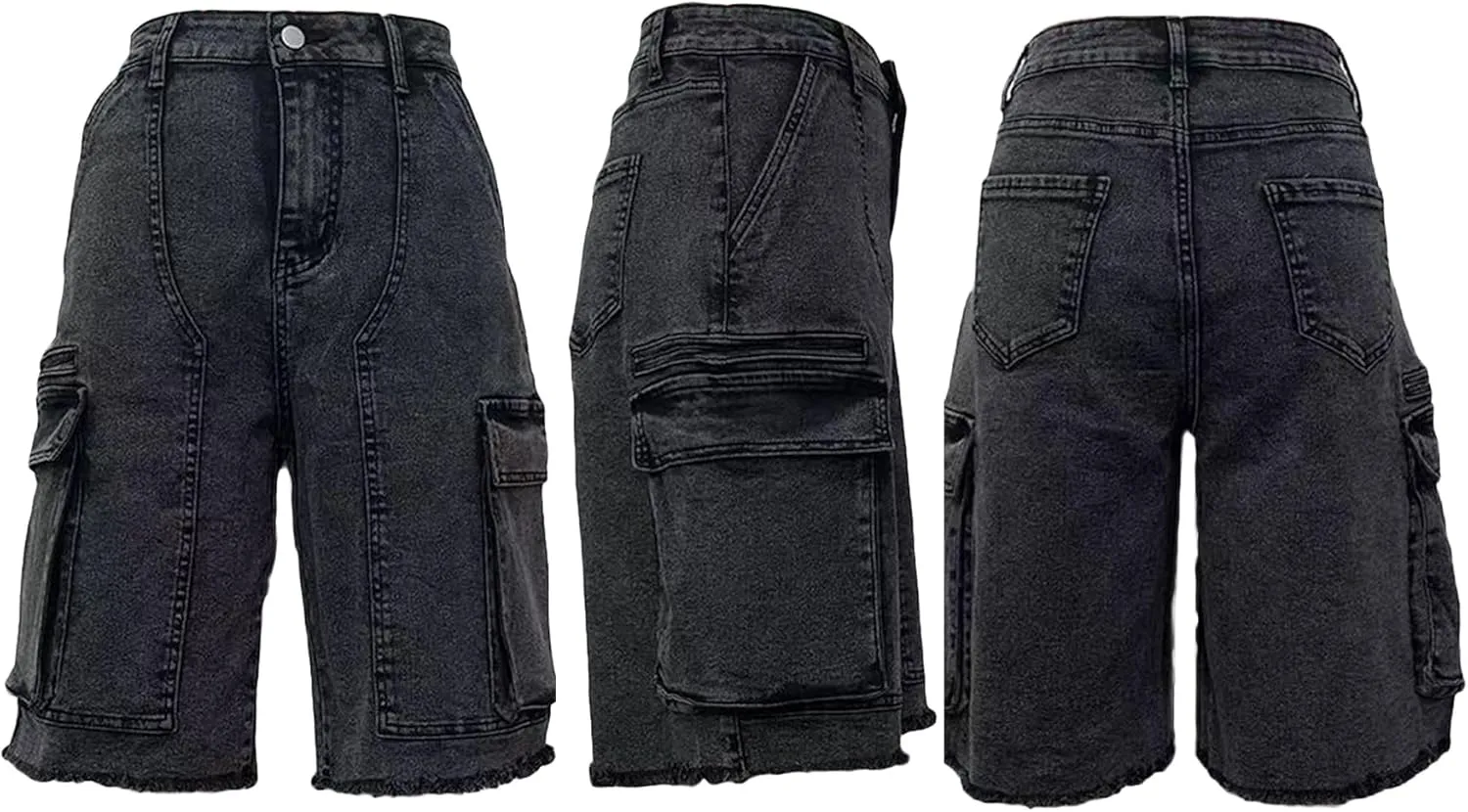 LETSVDO Women's Cargo Jean Shorts High Waisted Straight Leg Bermuda Casual Baggy Long Denim Shorts with Pockets