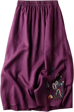 Line Skirts for Women 2025 Summer Elastic High Waisted Embroidered Flowy A-Line Midi Skirt