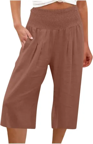 Linen Capri Pants for Women Summer Wide Leg Capri Pants Palazzo Lounge Cropped Pants Pockets Comfy Pajama Capri Pants