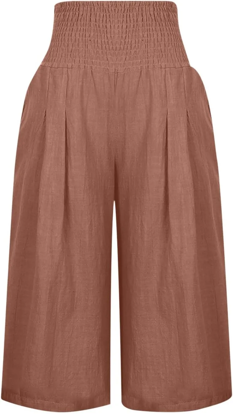 Linen Capri Pants for Women Summer Wide Leg Capri Pants Palazzo Lounge Cropped Pants Pockets Comfy Pajama Capri Pants