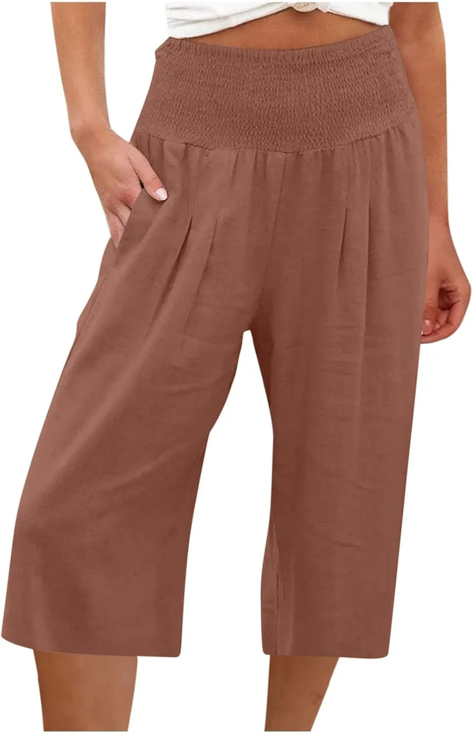 Linen Capri Pants for Women Summer Wide Leg Capri Pants Palazzo Lounge Cropped Pants Pockets Comfy Pajama Capri Pants