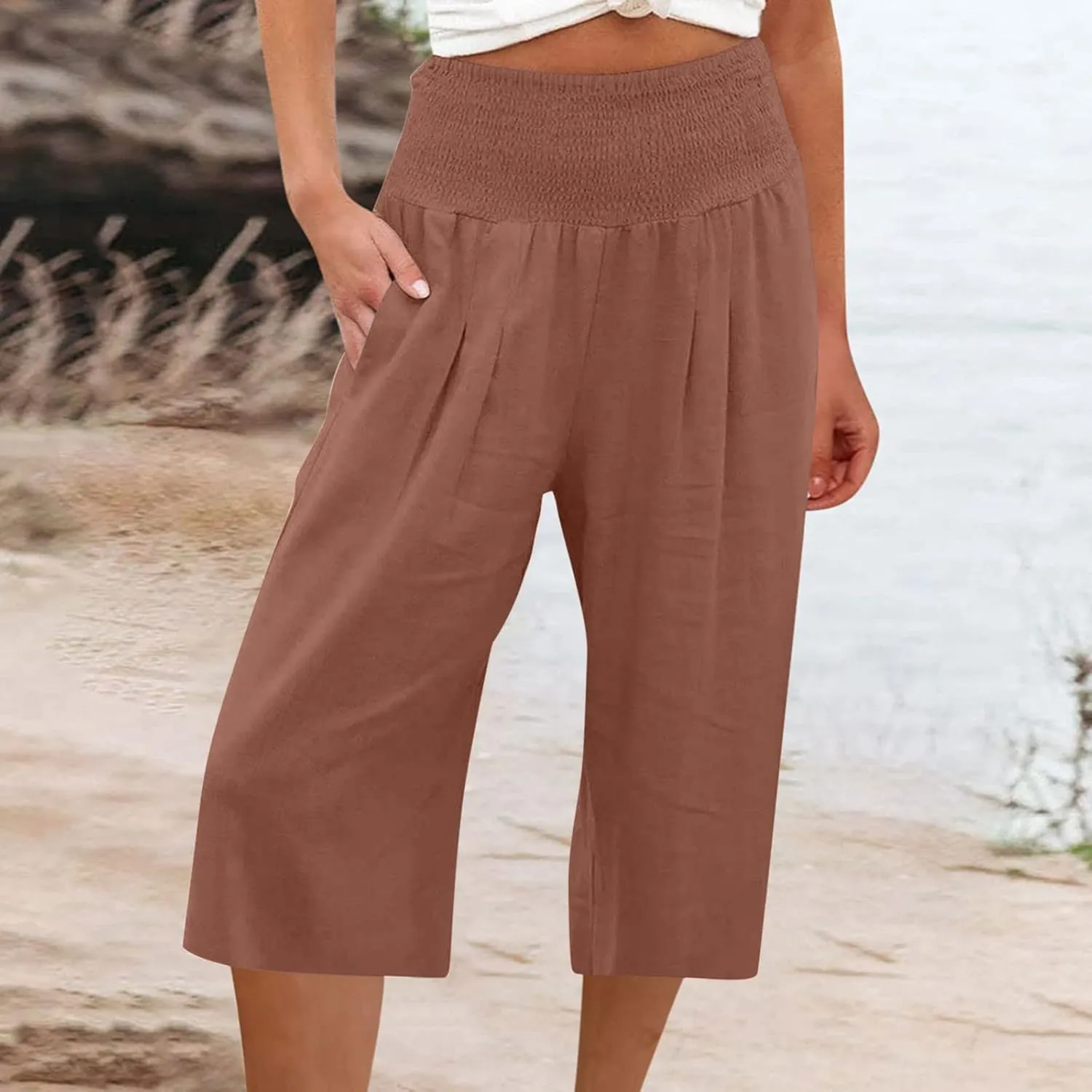 Linen Capri Pants for Women Summer Wide Leg Capri Pants Palazzo Lounge Cropped Pants Pockets Comfy Pajama Capri Pants