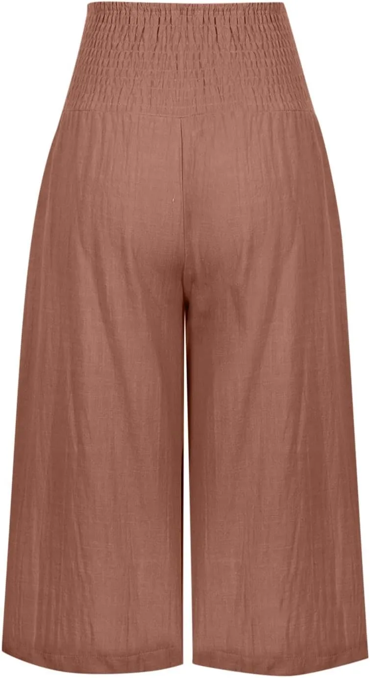 Linen Capri Pants for Women Summer Wide Leg Capri Pants Palazzo Lounge Cropped Pants Pockets Comfy Pajama Capri Pants
