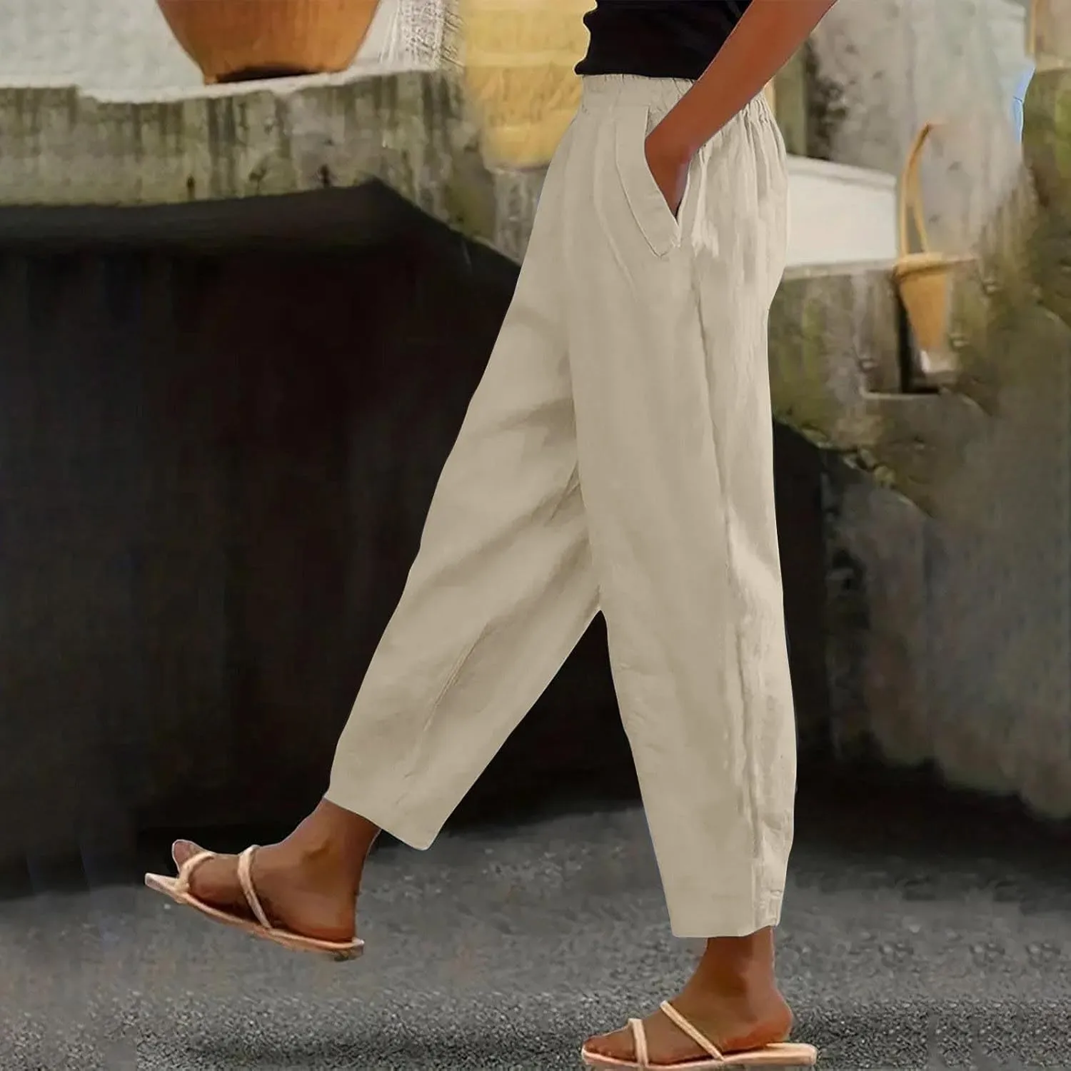 Linen Capri Pants for Women with Petite Summer Beachwear Lightweight Elastic Waist Pants