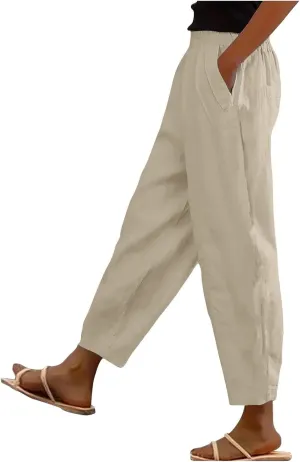 Linen Capri Pants for Women with Petite Summer Beachwear Lightweight Elastic Waist Pants