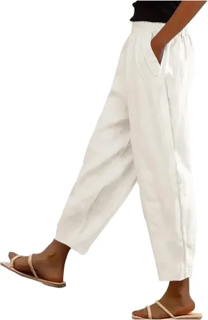 Linen Capri Pants for Women with Petite Summer Beachwear Lightweight Elastic Waist Pants