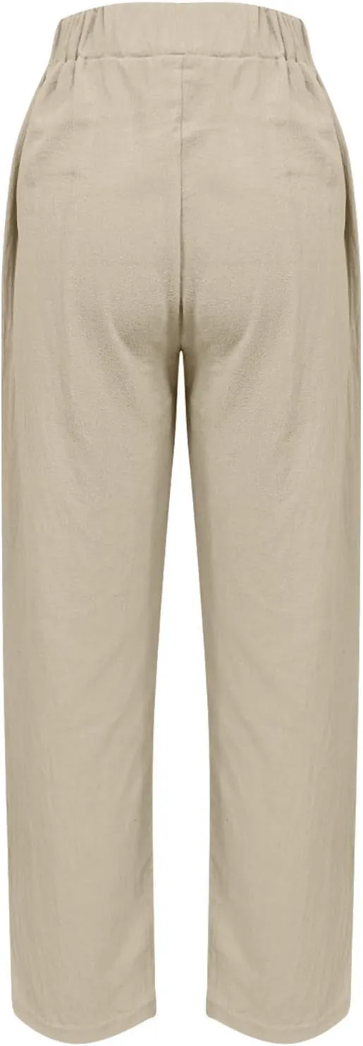 Linen Capri Pants for Women with Petite Summer Beachwear Lightweight Elastic Waist Pants