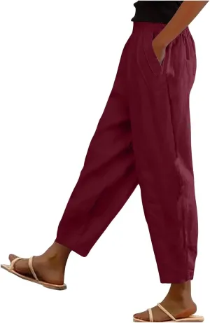 Linen Capri Pants for Women with Petite Summer Beachwear Lightweight Elastic Waist Pants