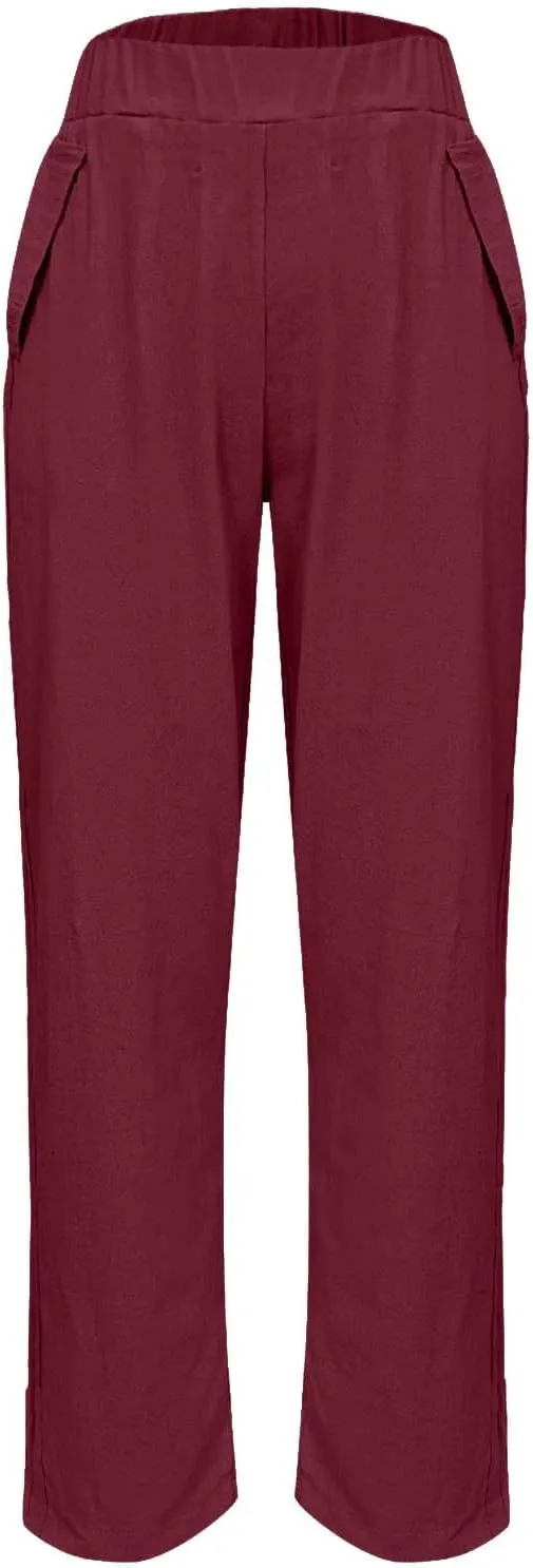 Linen Capri Pants for Women with Petite Summer Beachwear Lightweight Elastic Waist Pants