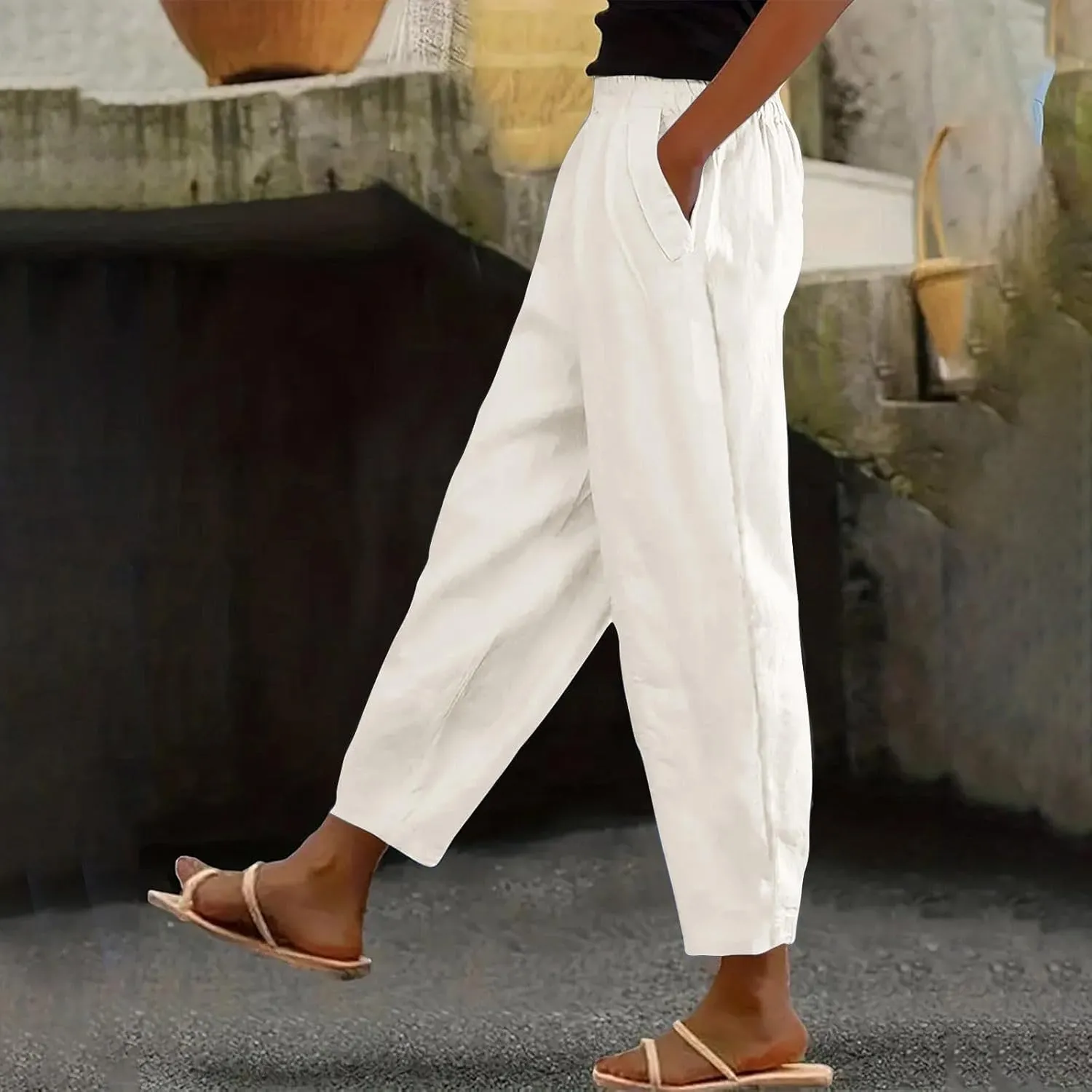 Linen Capri Pants for Women with Petite Summer Beachwear Lightweight Elastic Waist Pants