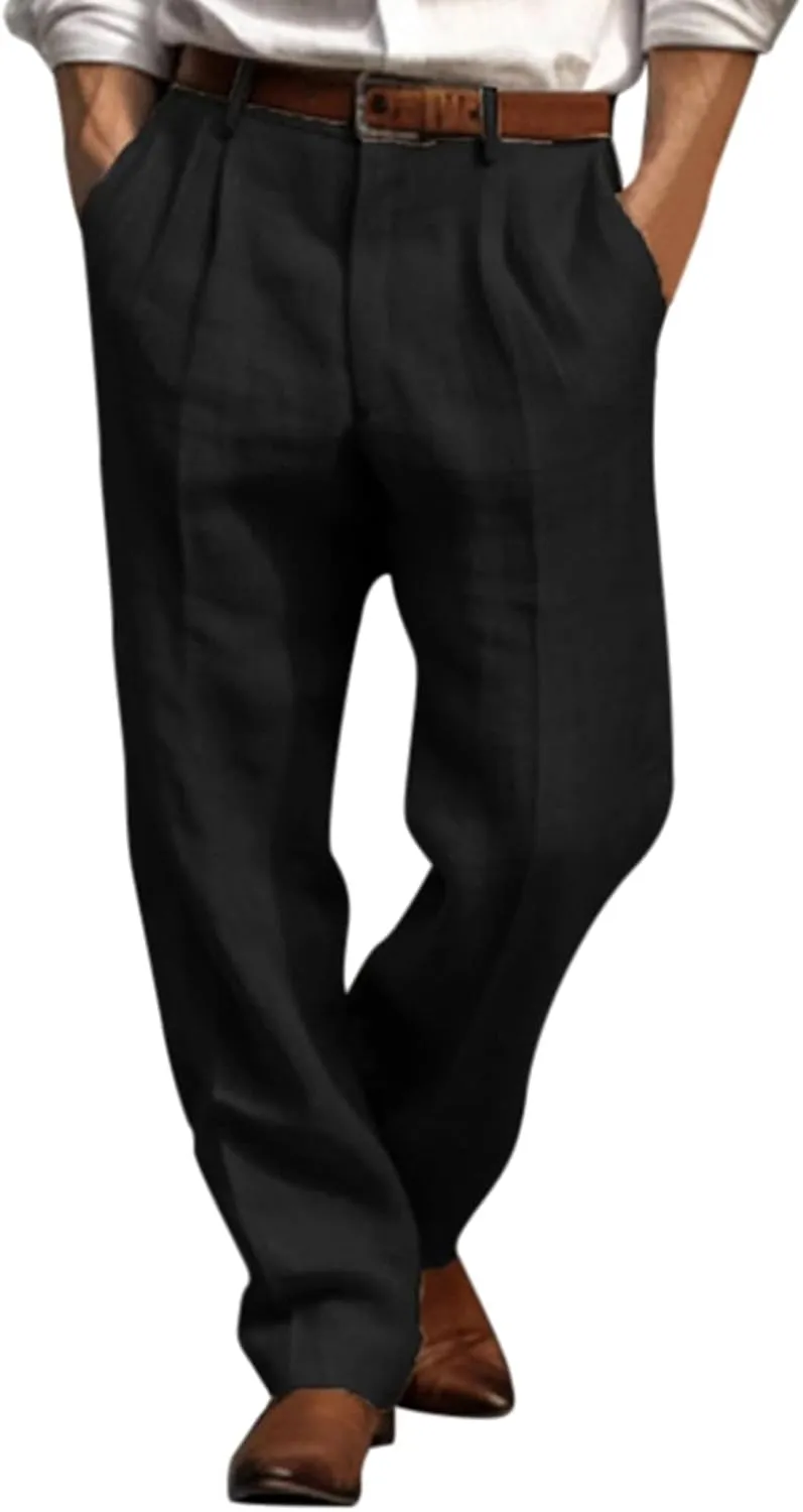 Linen Cargo Pants for Men, Summer Casual Elastic Waist Pants with Pockets, Relaxed Fit Holiday Beach Yoga Lounge Pants