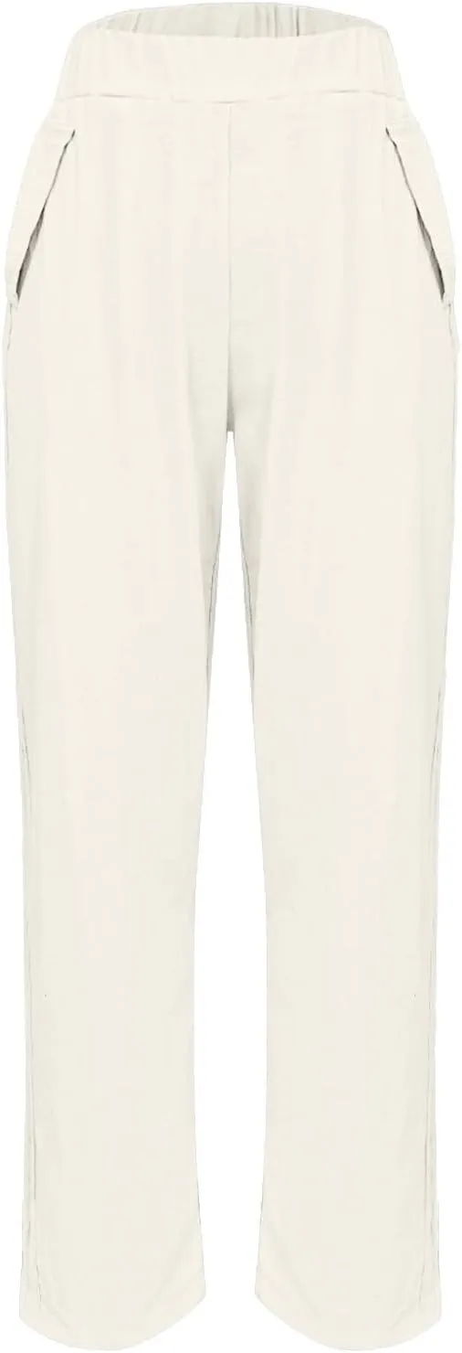 Linen Pants for Women High Waist Pants Plus Drawstring Elastic Waist Pants Trousers with Pockets Summer Casual Pants