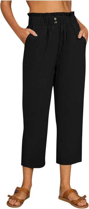 Linen Pants for Women Straight Leg Capris Pants Lounge Cropped Trousers High Waisted Boho Beach Pants Yoga Pants