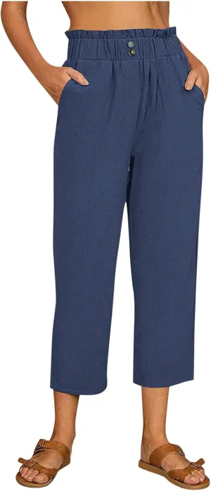 Linen Pants for Women Straight Leg Capris Pants Lounge Cropped Trousers High Waisted Boho Beach Pants Yoga Pants