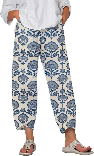 Linen Pants for Women Summer Casual Wide Leg Capri Pants Loose Fit Palazzo Pants Cropped Beach Pants with Pockets