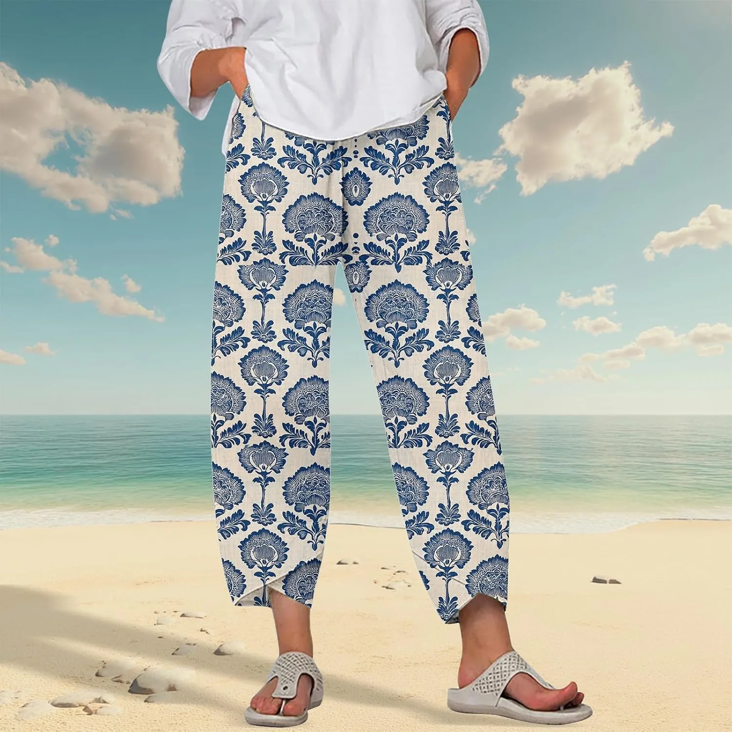 Linen Pants for Women Summer Casual Wide Leg Capri Pants Loose Fit Palazzo Pants Cropped Beach Pants with Pockets