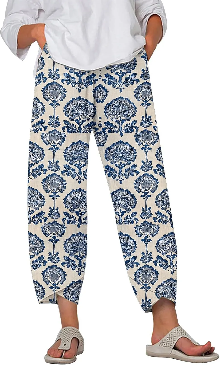 Linen Pants for Women Summer Casual Wide Leg Capri Pants Loose Fit Palazzo Pants Cropped Beach Pants with Pockets